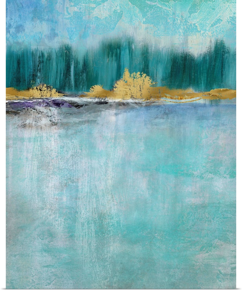 Abstract painting with different shades of blue and a metallic gold treeline.