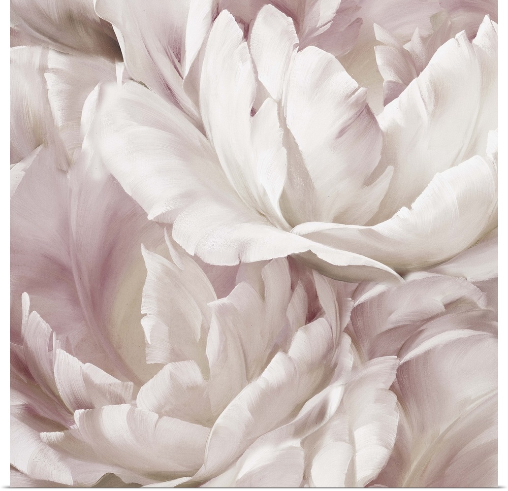 Contemporary square painting of a pink and white flower close-up.