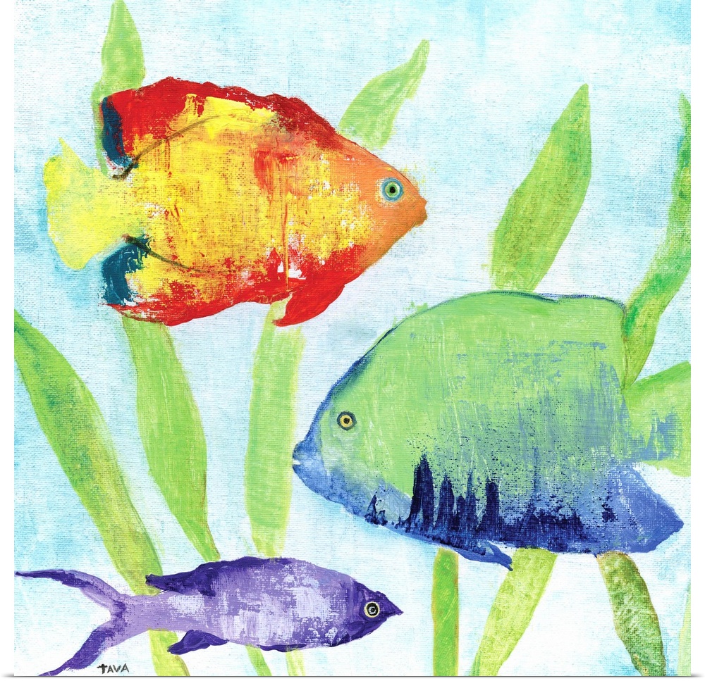 A painting of brightly colored fishes that are swimming near seaweed.