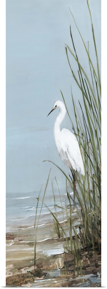 Tall panel painting of an egret walking on the shore with tall beach grass.