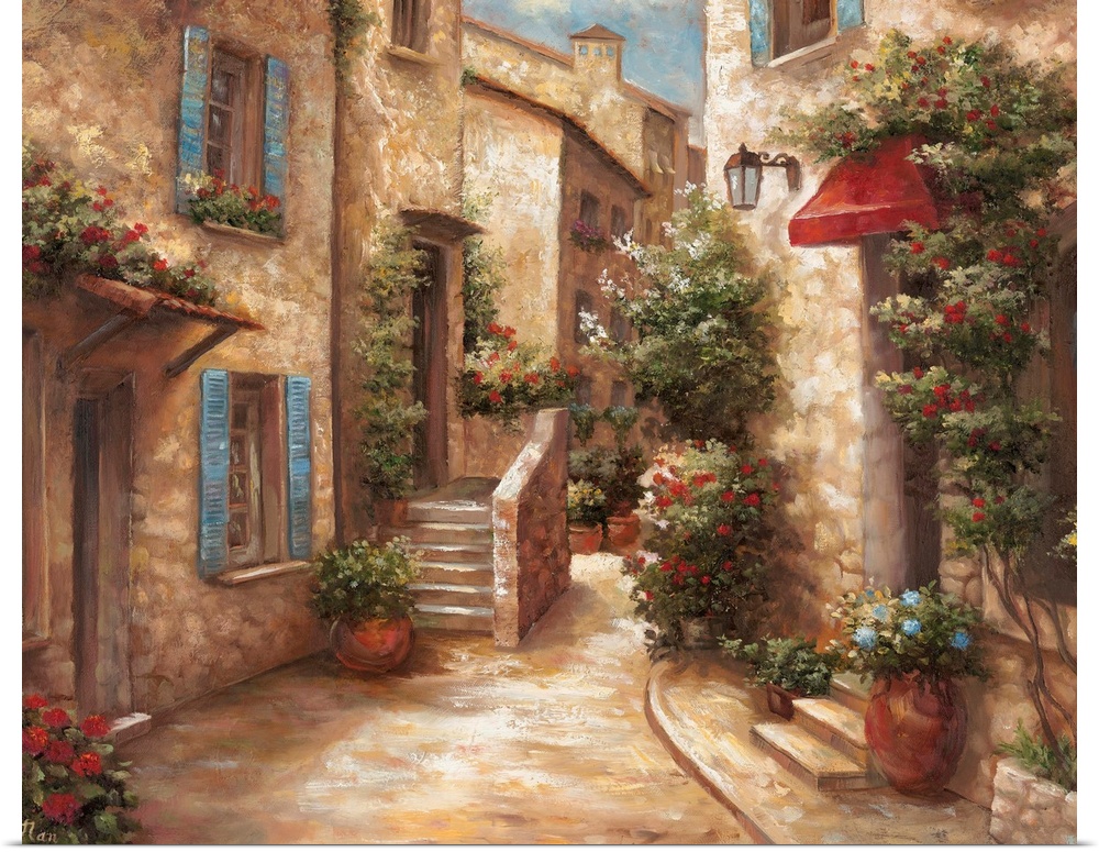 Horizontal, large home art docor of a narrow street running through a stone Italian village, the windows and doorways on e...