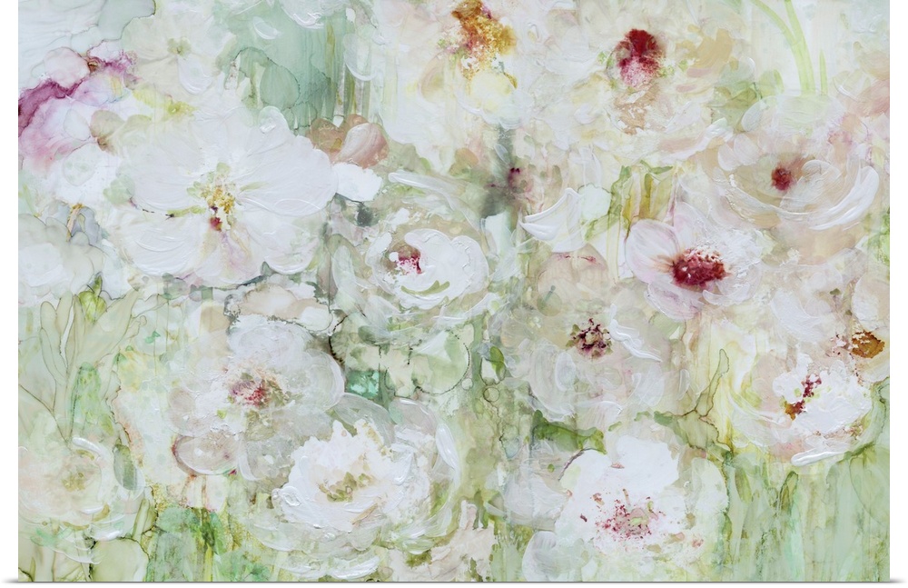 Contemporary painting comprised of lively brush strokes in shades of green, white and red to create white flowers in a gar...