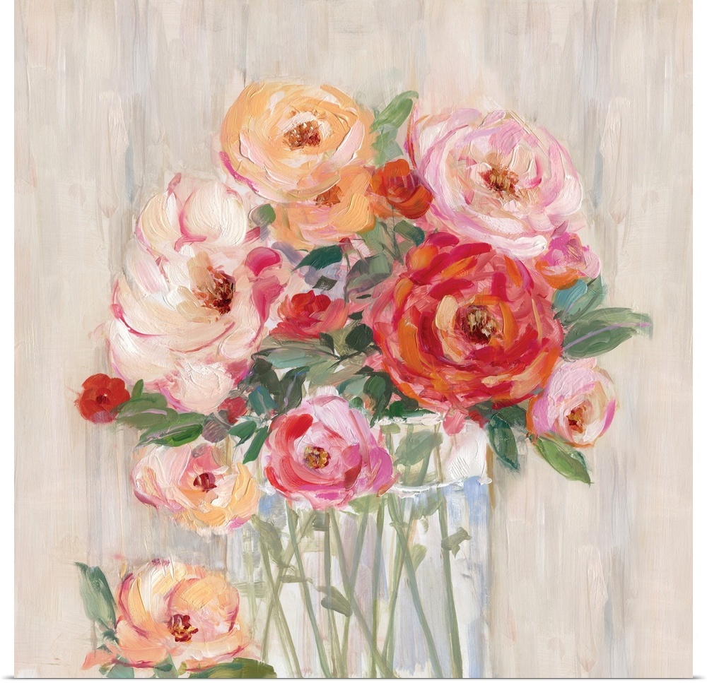 Square painting of pink, orange, and red flowers neatly arranged in a glass vase on a neutral colored background.