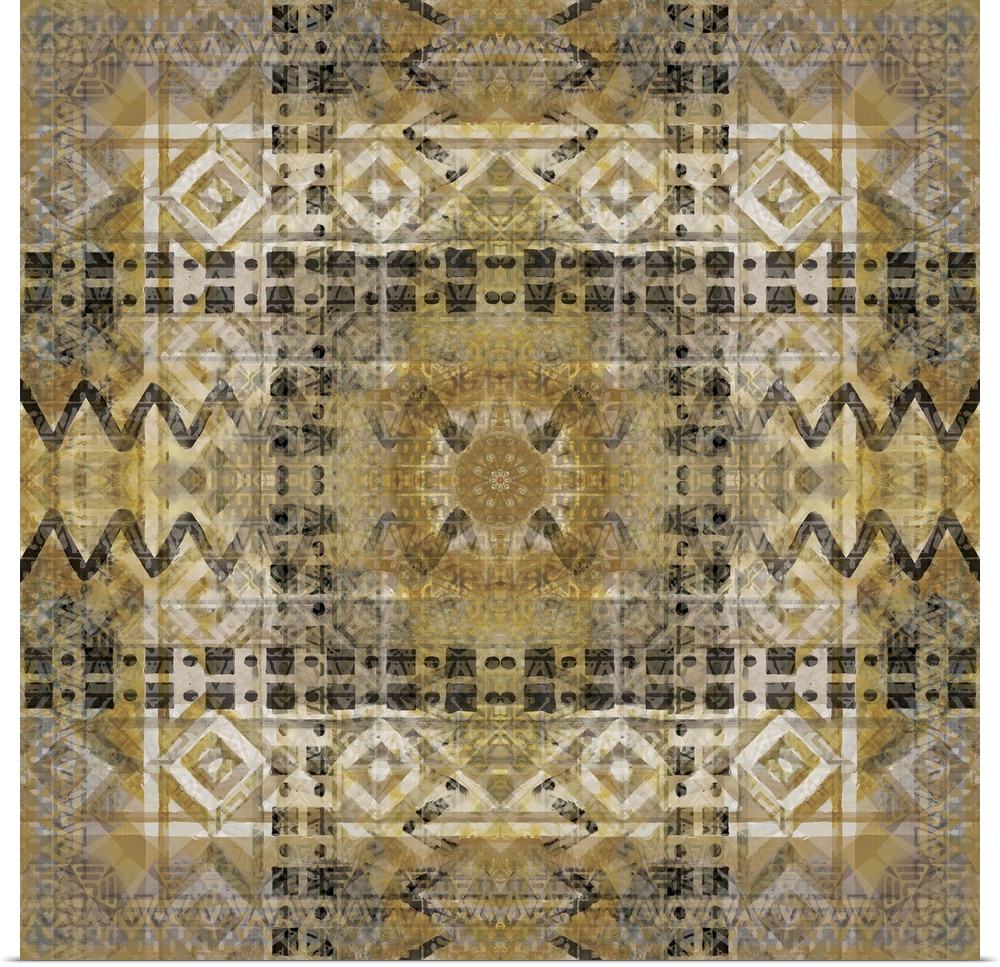 Large square painting made with black, white, and gold and patterns resembling a view through a kaleidoscope.