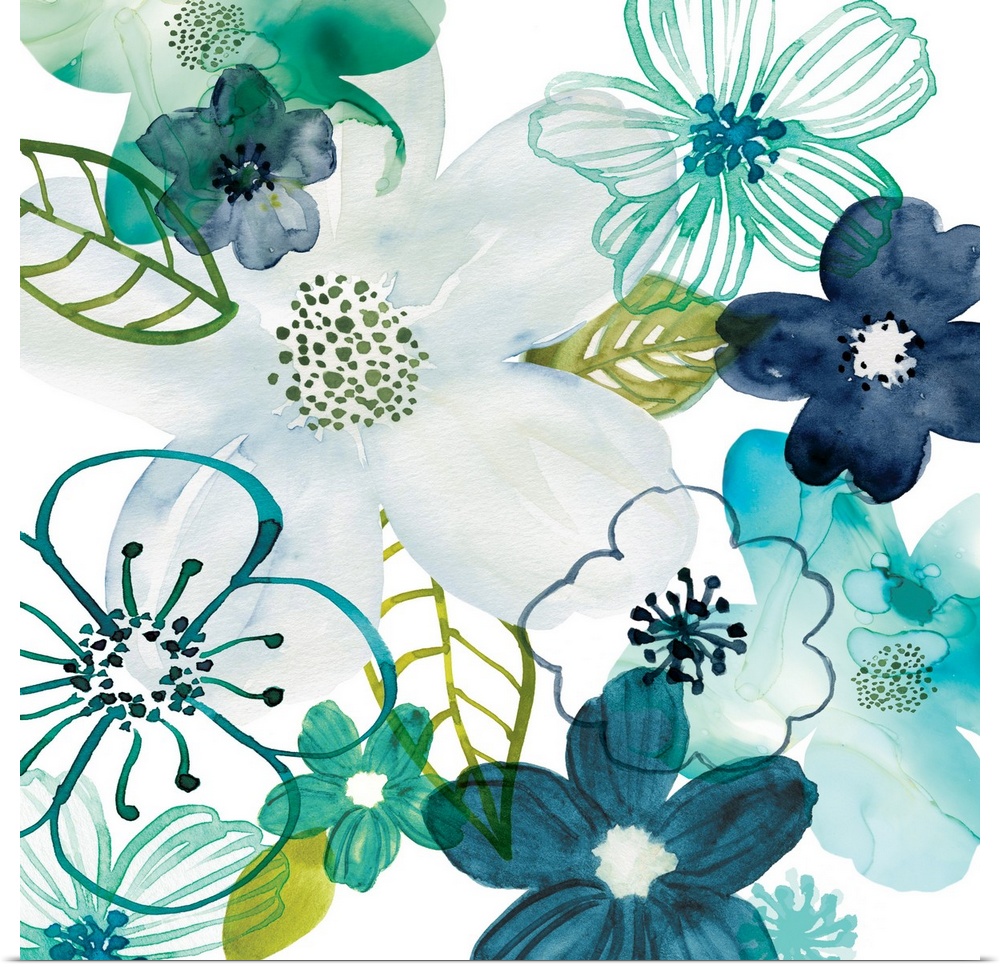 Square floral decor with watercolor flowers in shades of blue and green on a white background.