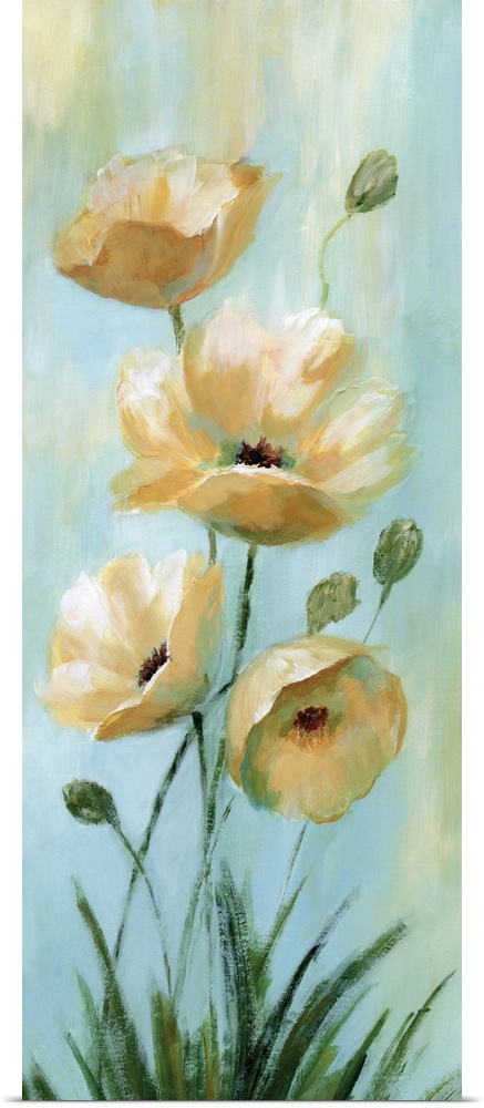Vertical painting of blooming yellow flowers against pale blue.