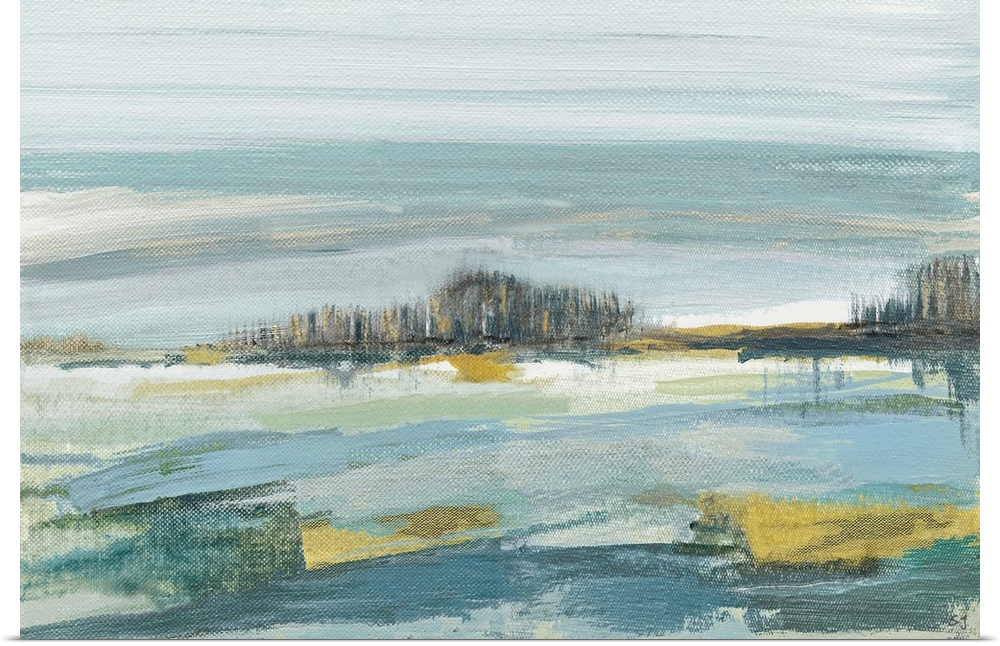 Contemporary painting of an abstract beach landscape in shades of blue, grey, green, and gold.