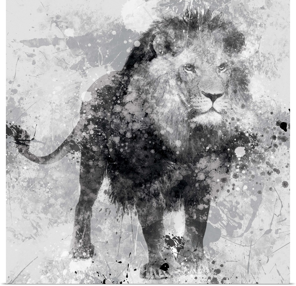 Contemporary artwork of a lion against a textured looking background with an overall grungy and distressed look.