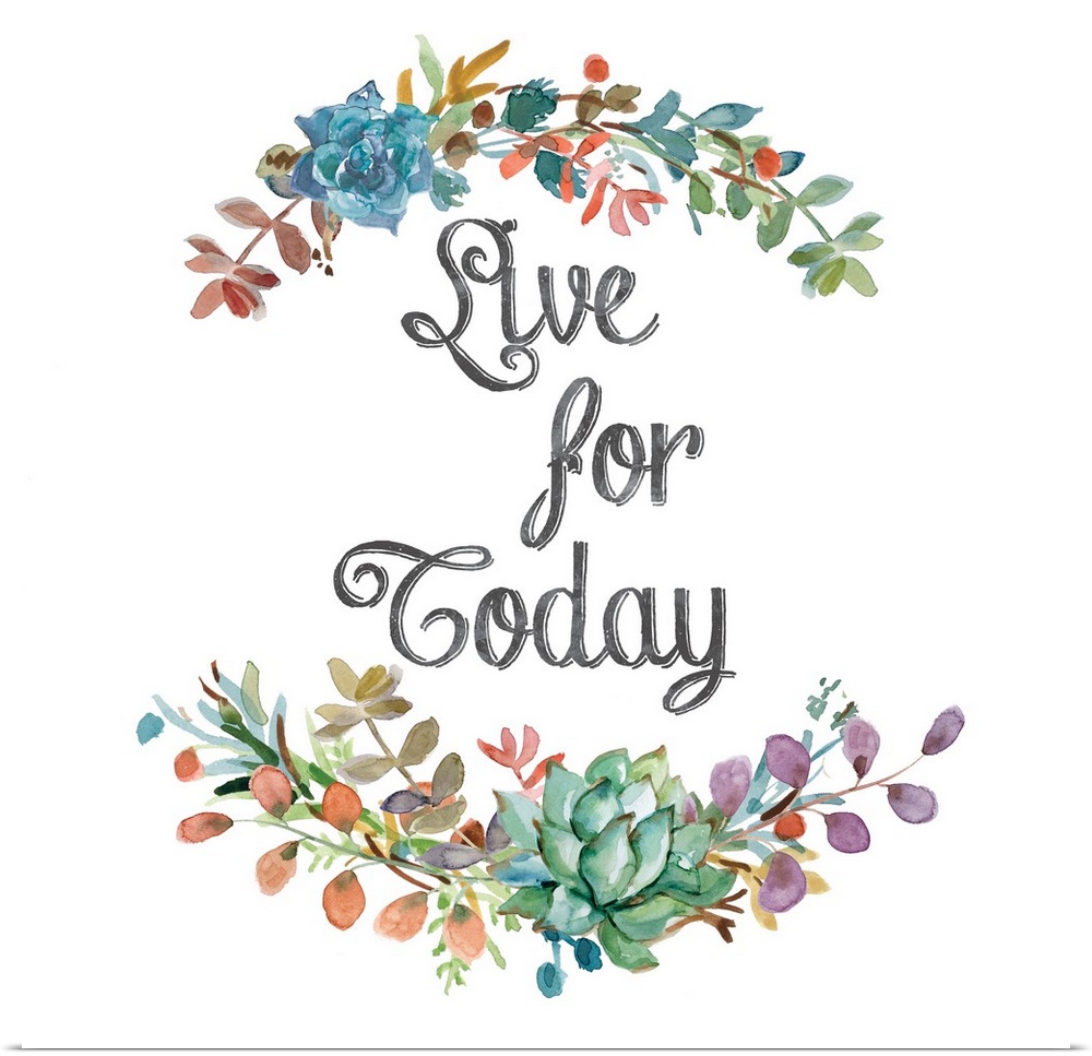 Square watercolor painting with floral arches made out of colorful leaves and succulents enclosing the phrase "Live for To...