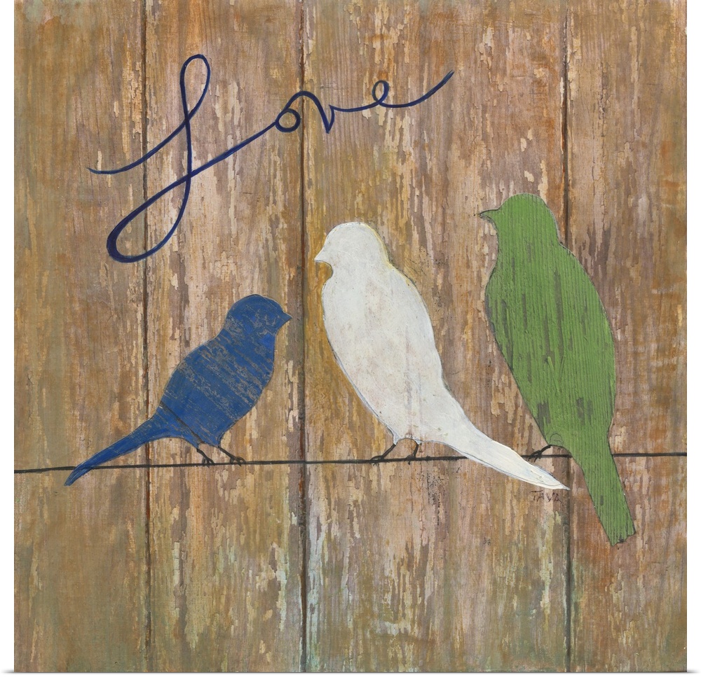 A painting of three birds sitting on a line with the word ?Love? painted at the top on a wooden background.�