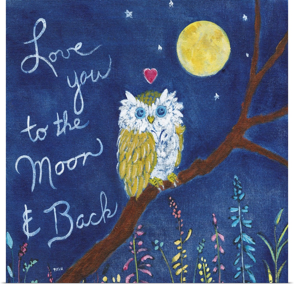 A painting of an owl perched on a branch with a moon in the background near the words "Love you to the moon and back".
