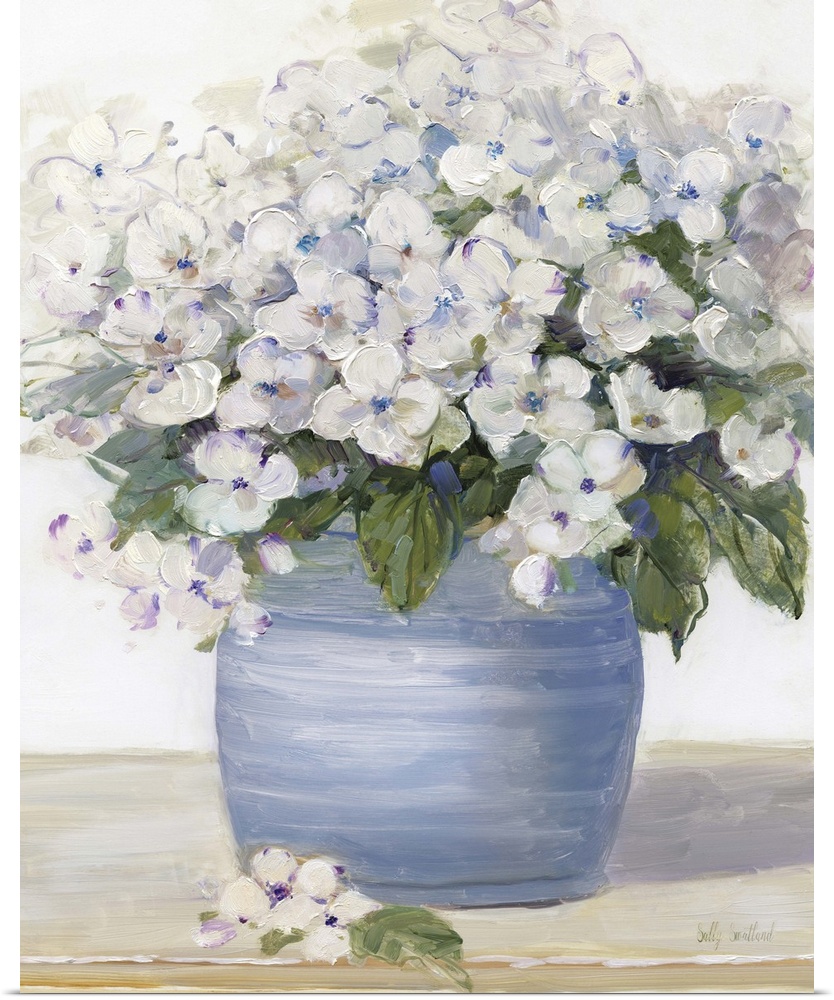 Large still life painting of arranged hydrangeas on a table.
