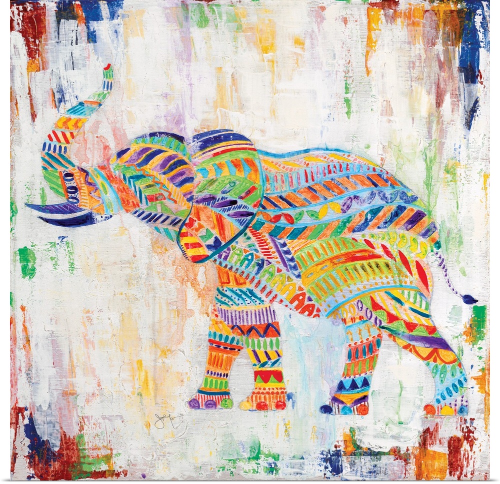 A painting of an elephant made up of unique multi-colored designs.