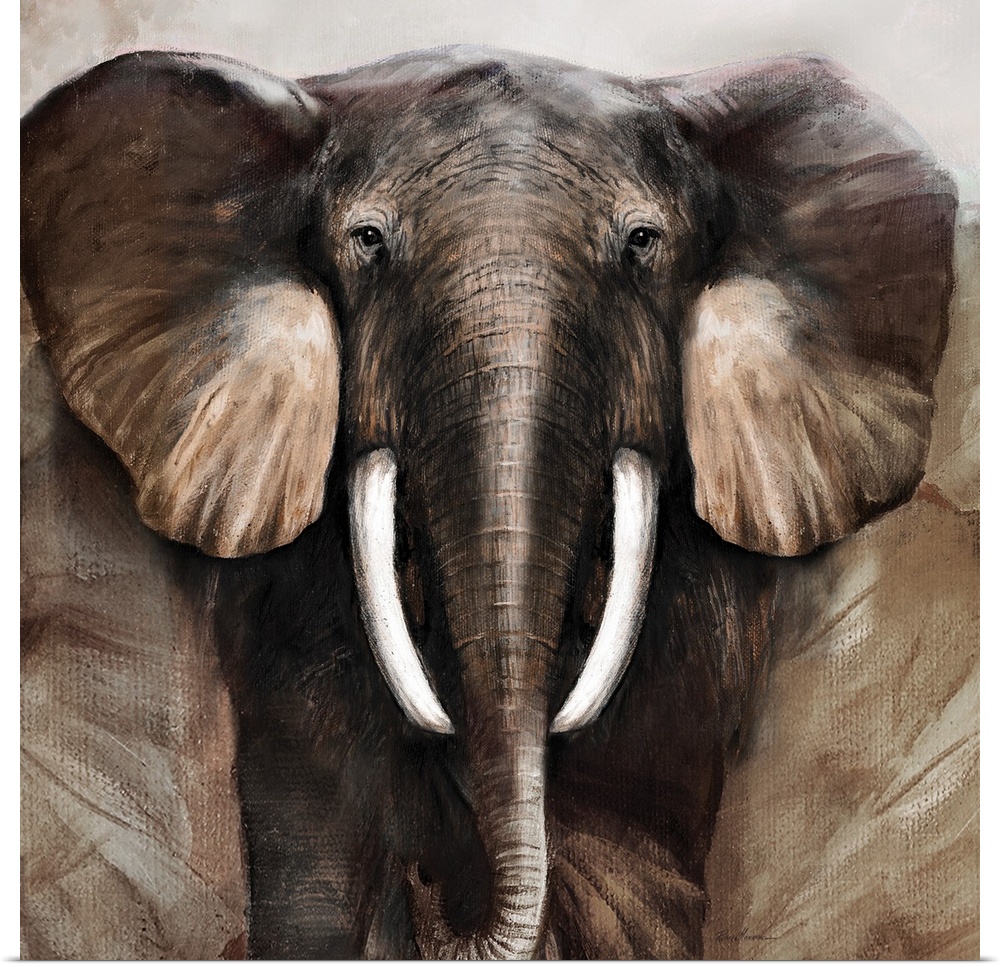 Contemporary painting of an elephant on a square canvas.