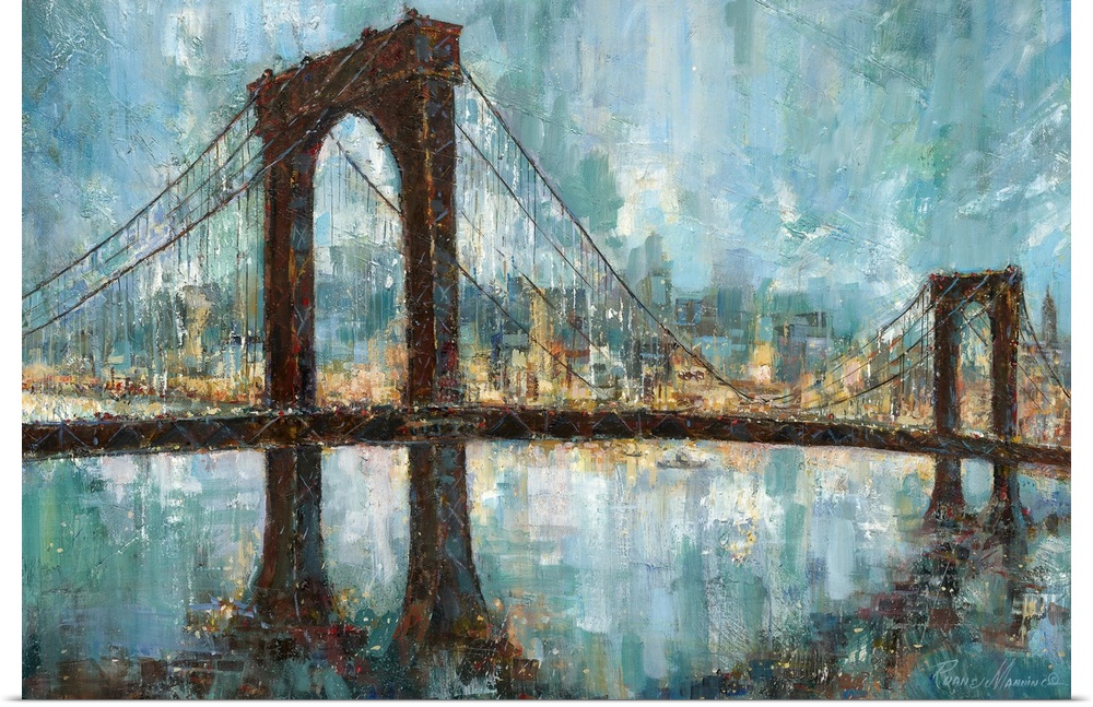 Contemporary artwork of the Brooklyn bridge with the skyline painted through and behind it.