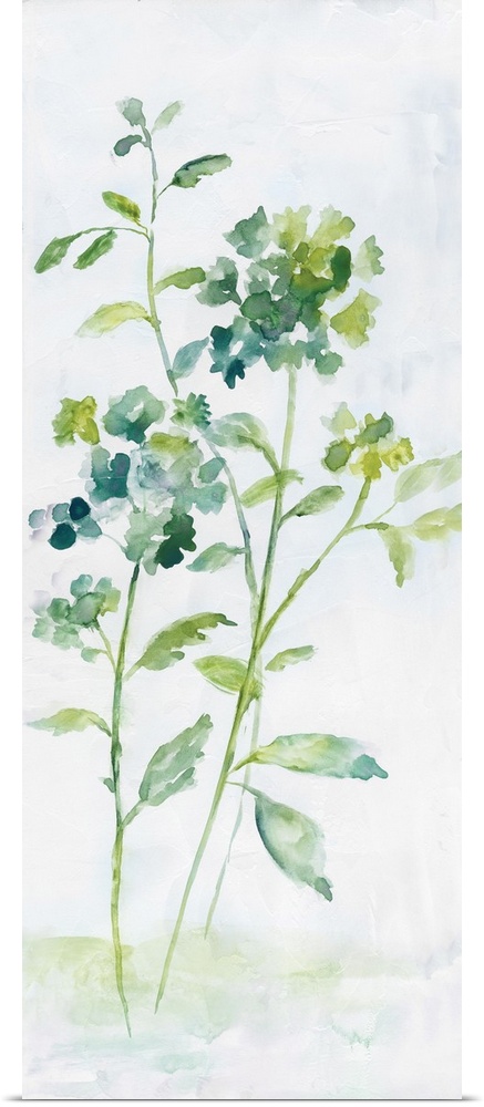 Large watercolor abstract painting of flowers in shades of blue and green.