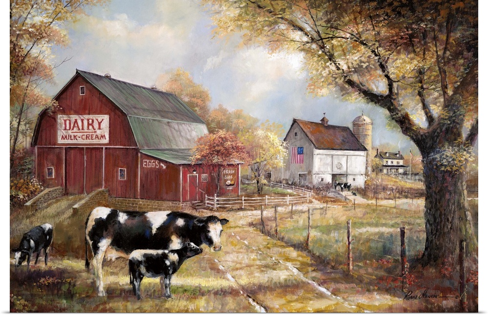 Contemporary painting of a dairy farm with a big red barn and three cows out front on an Autumn day.