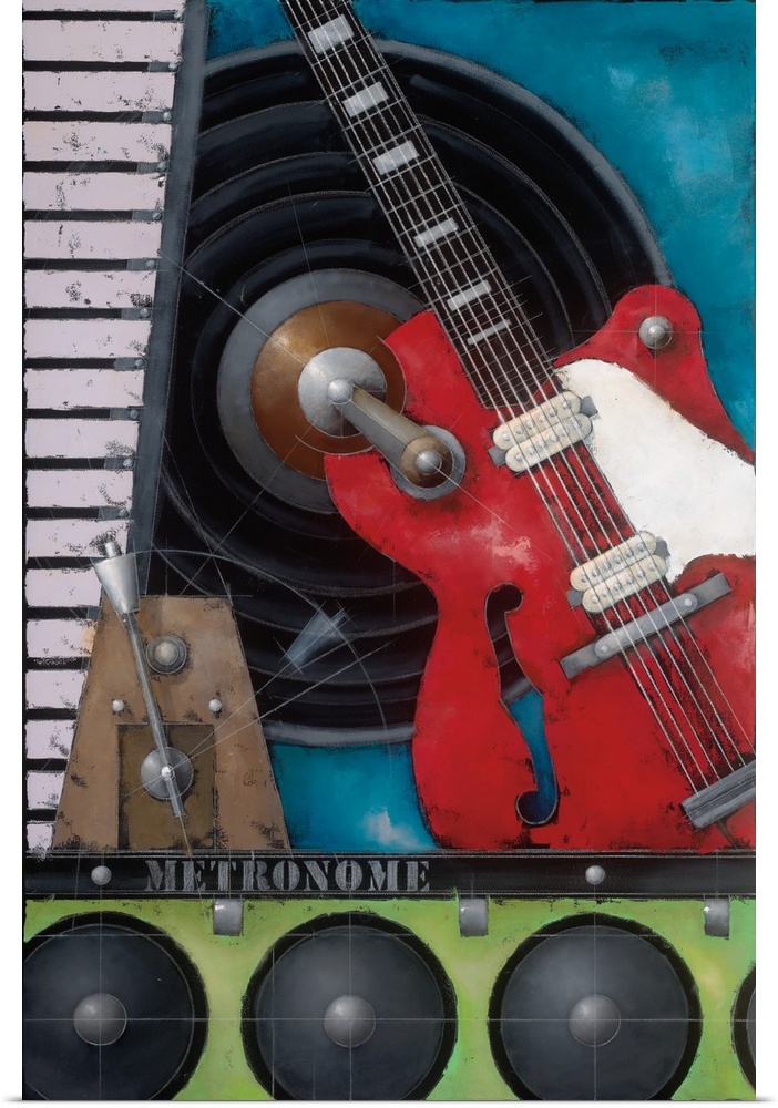 A montage painting of various musical equipment.