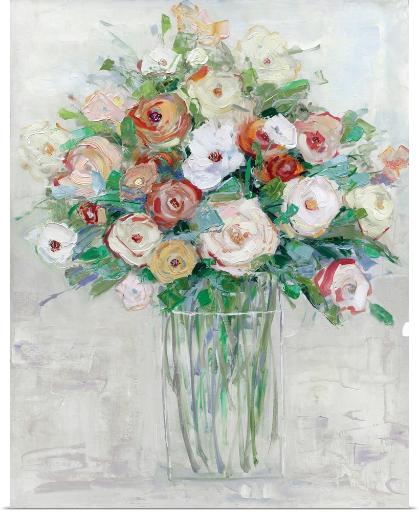 Contemporary painting of a large floral arrangement in a glass vase on a gray textured background.