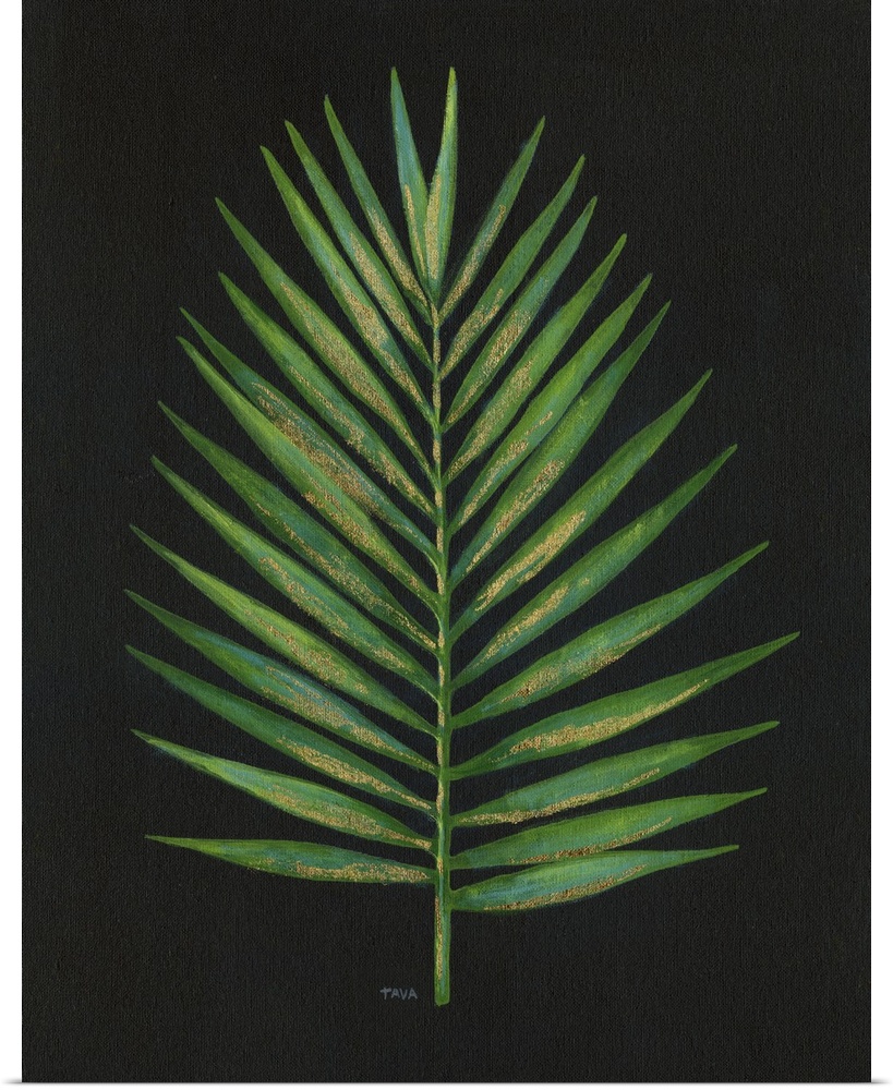 Contemporary painting of a palm frond made with green and blue tones with metallic gold highlights, on a solid black backg...