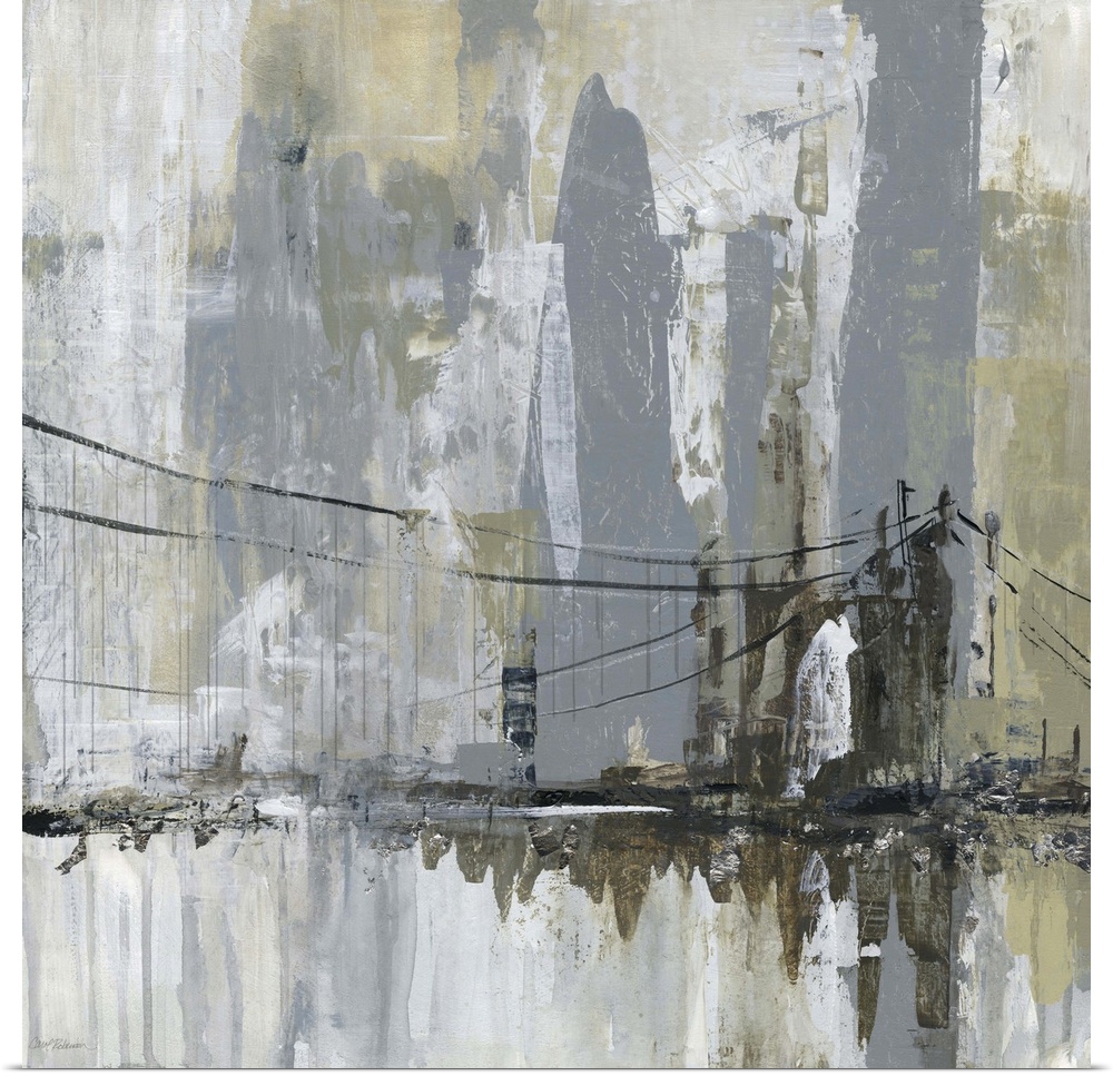 Square abstract painting of a cityscape with a bridge in the foreground.