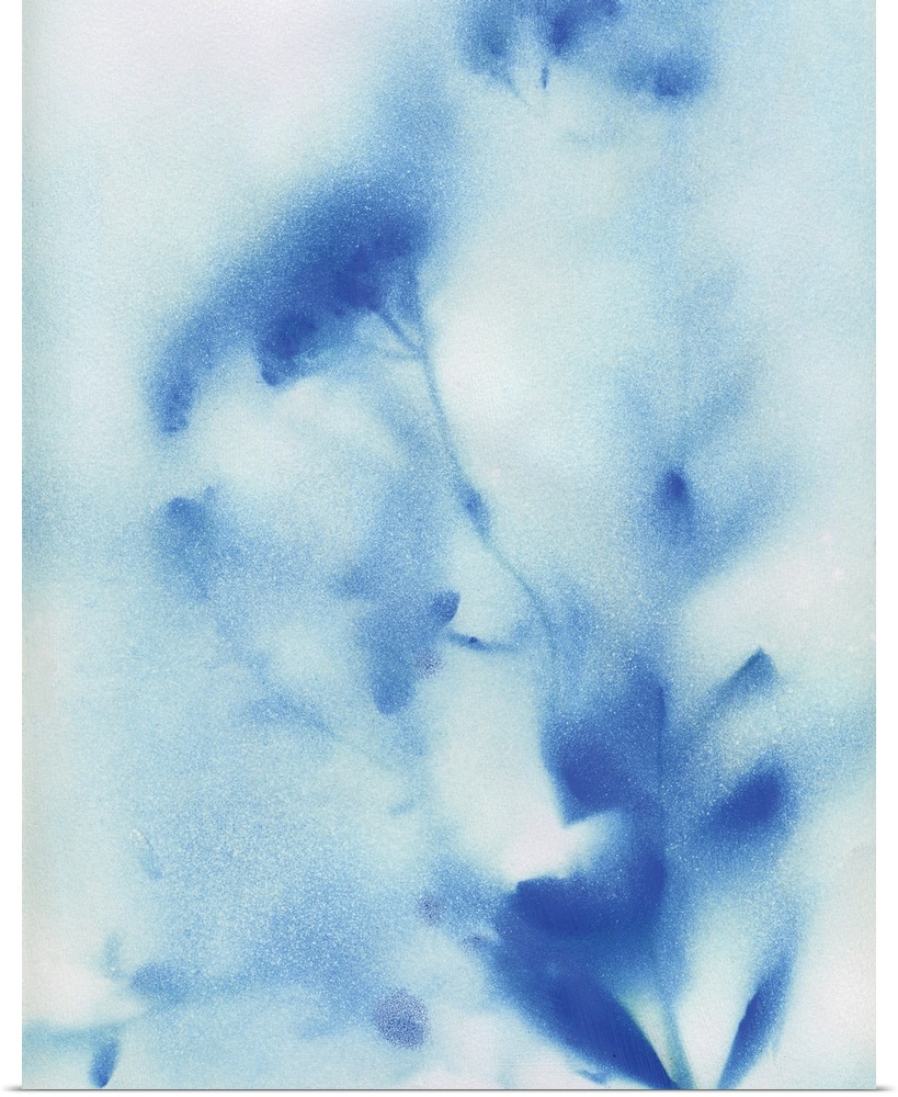 Abstract painting of wildflowers with a misty look in blue and white.
