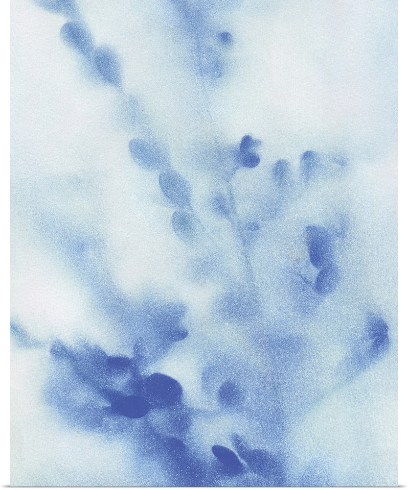 Abstract painting of wildflowers with a misty look in blue and white.