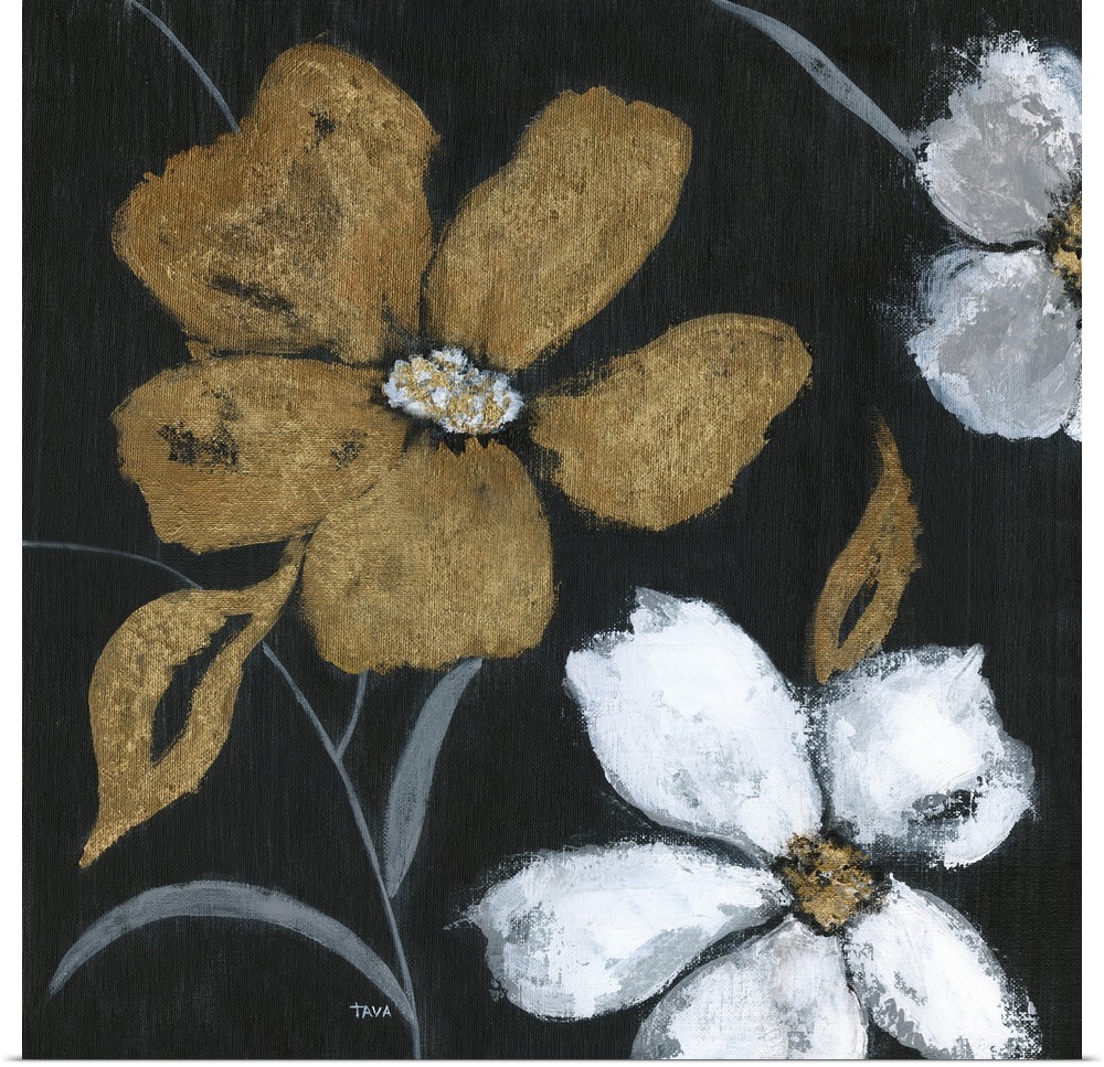 Flowers of a gold metallic color and white stand out against a black backdrop in this painting.