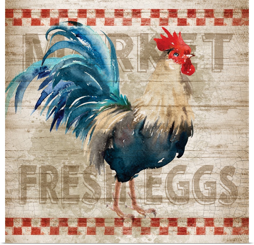 Square kitchen art with a watercolor rooster painted on a sign that reads "Market Fresh Eggs" in the background.