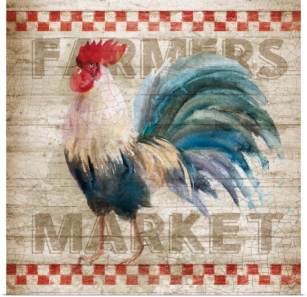 Square kitchen art with a watercolor rooster painted on a sign that reads "Farmers Market" in the background.