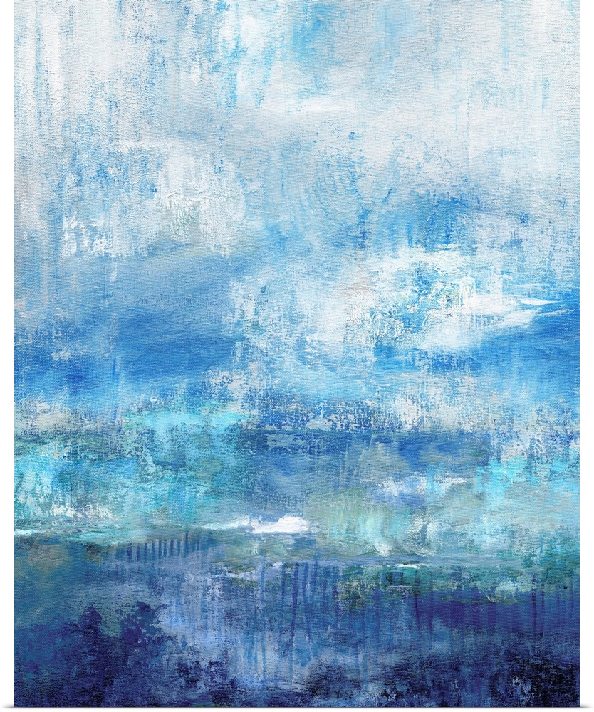 Abstract painting with different shades of blue and a white overlay resembling mist.