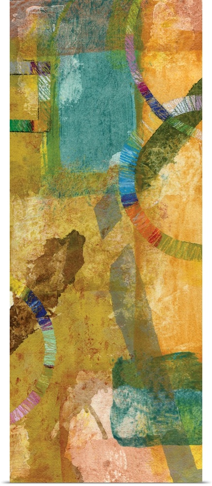 Contemporary abstract art print in cheerful shades of yellow, pink, and blue.