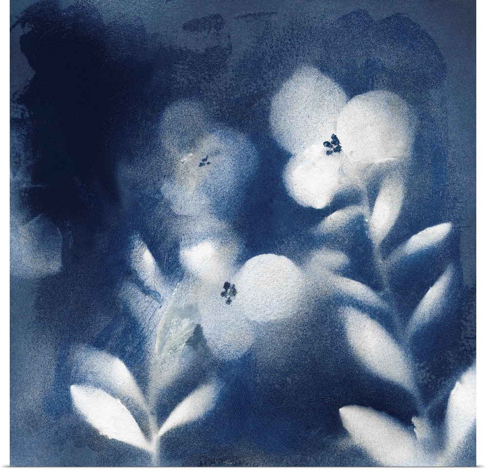 Square indigo painting of white silhouettes of flowers.