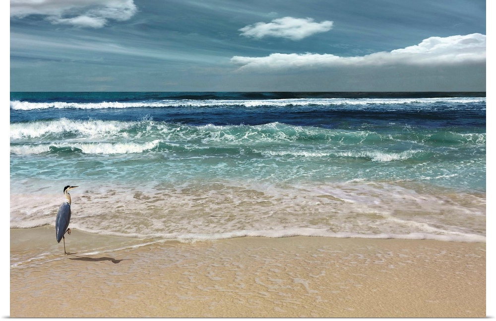 This serene photo shows rippling waves as they approach the heron on the beach with white clouds in the background.