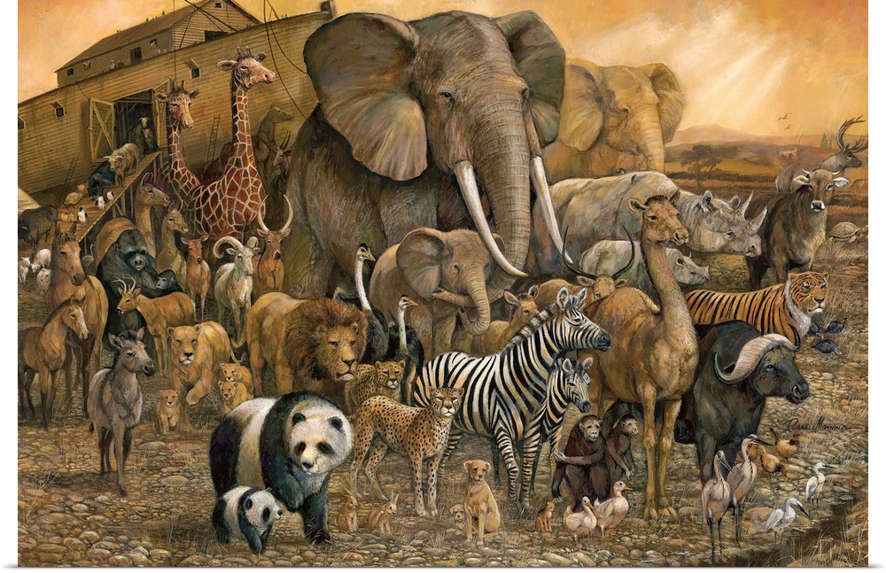 Painting of Noah's Ark and a large group of different animals in brown tones.