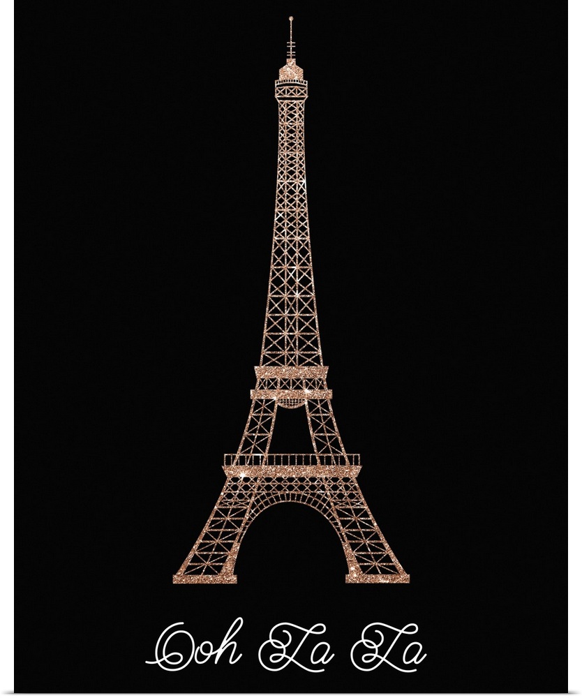 Sparkly rose gold Eiffel Tower illustration on a solid black background with the phrase "Ooh La La" written underneath in ...
