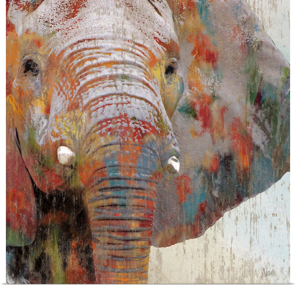 A close up of an elephant with paint splattered all over it.