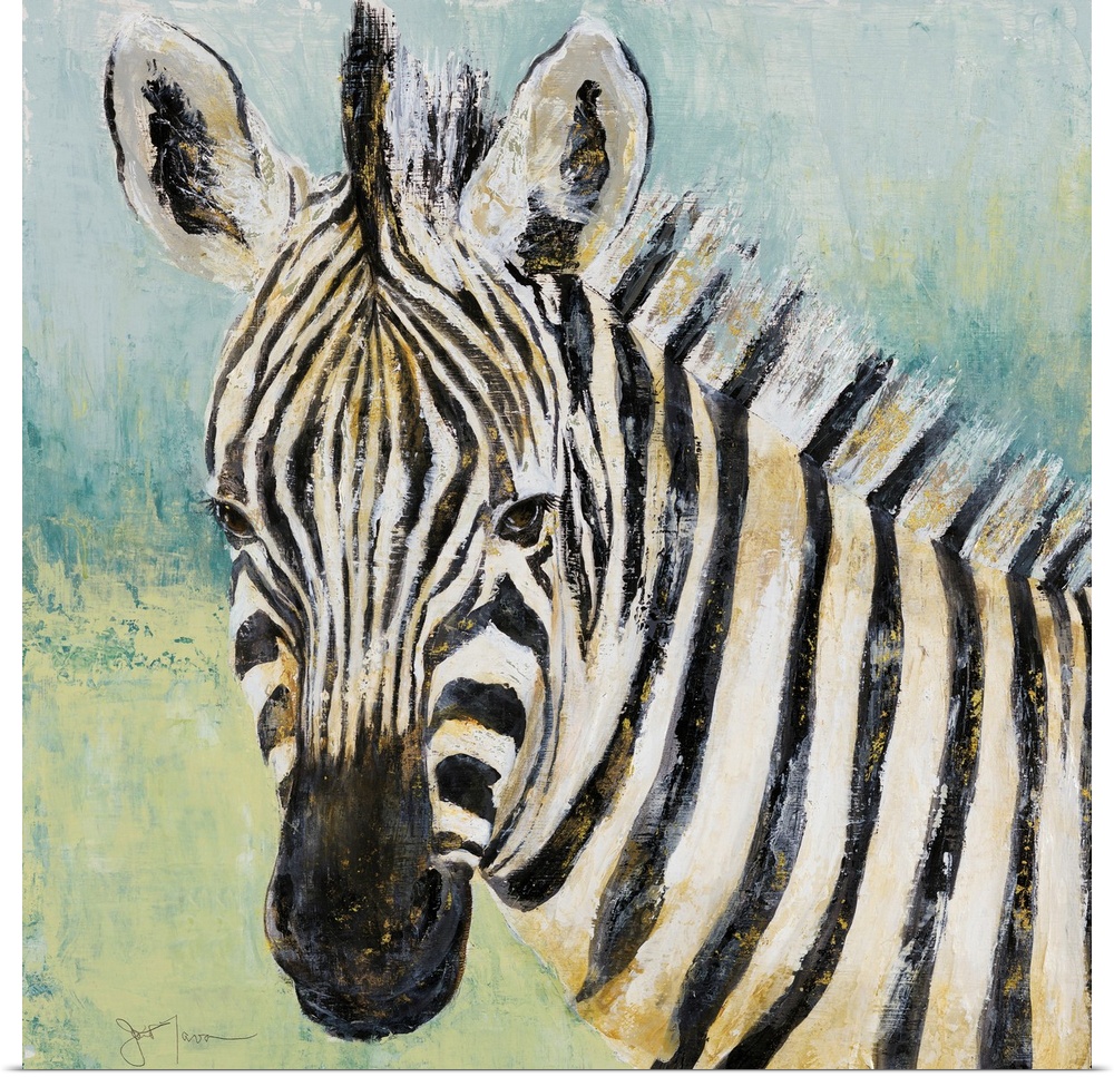 Square painting of a zebra with black and white stripes and gold shading and highlighting, on a blue and green background.