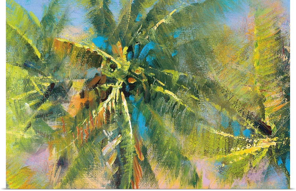 Contemporary painting of palm trees with an abstract style in shades of green, yellow, blue, orange, and pink.
