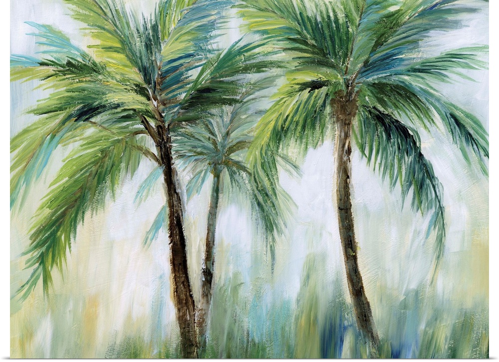 Large palm tree landscape painting in shades of blue, green, yellow, and white.
