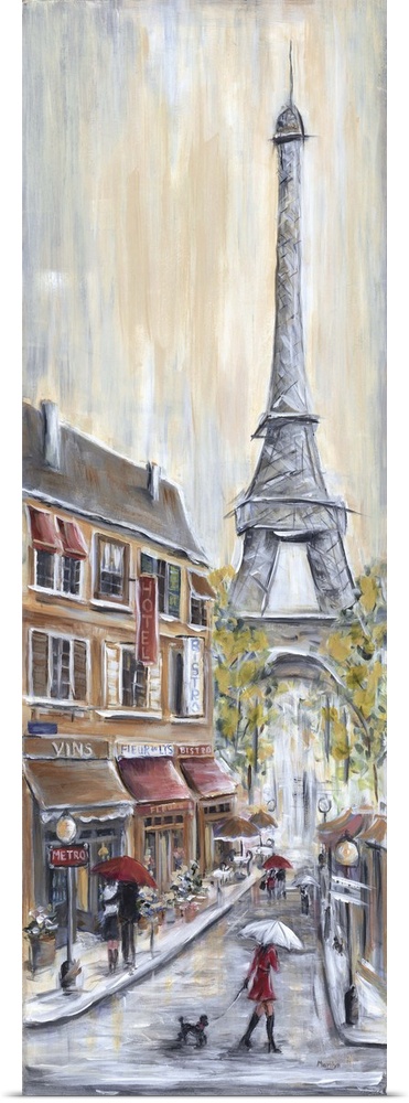 A contemporary painting of a  rainy street scene in Paris, the Eiffel Tower in the background, and a lady in a red coat wi...