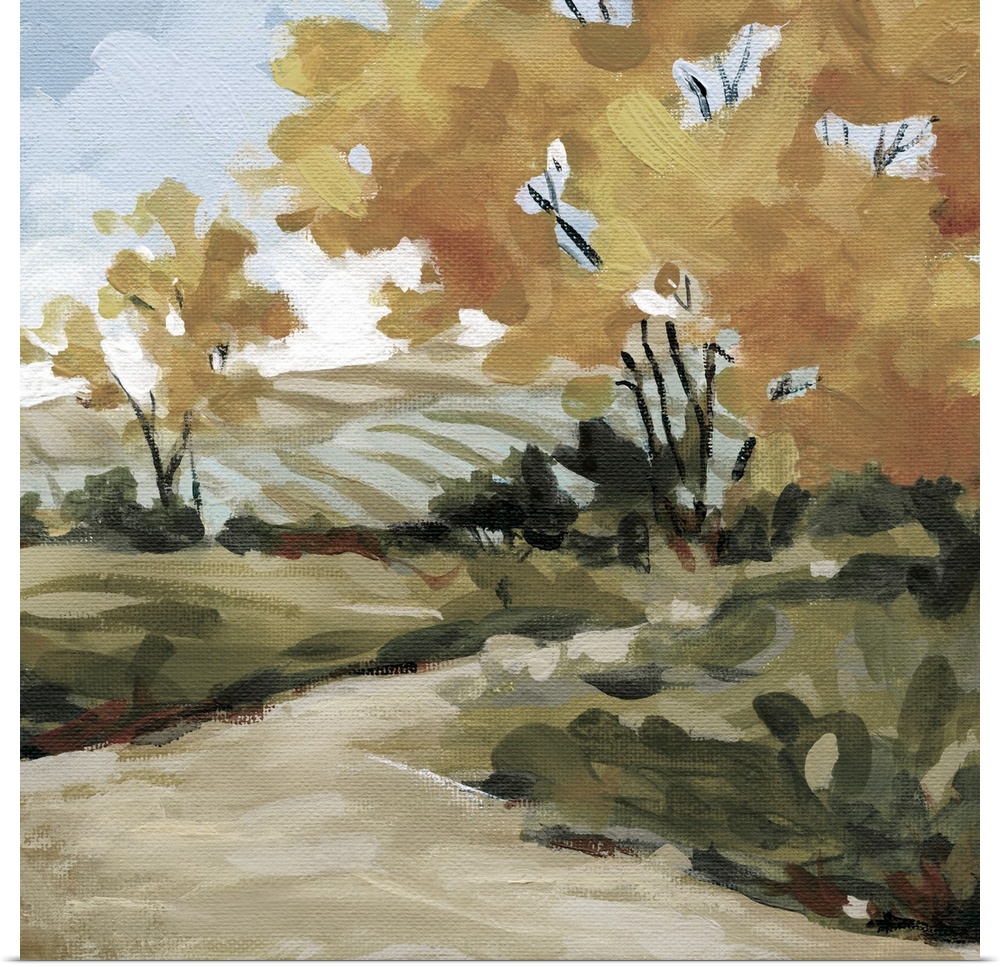 A painting of a pasture surrounded by trees with a pathway created from broad brushstrokes.