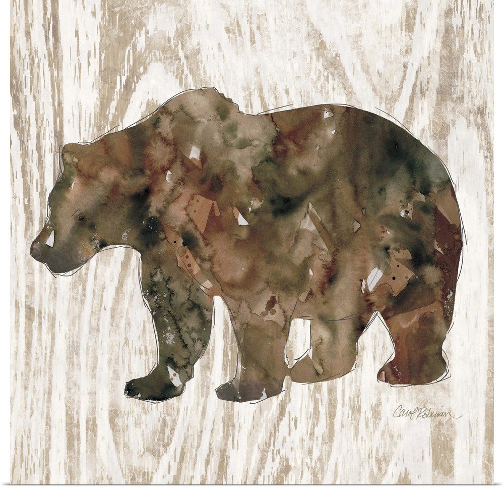 Watercolor silhouette of a bear on a wood-grain pattern.