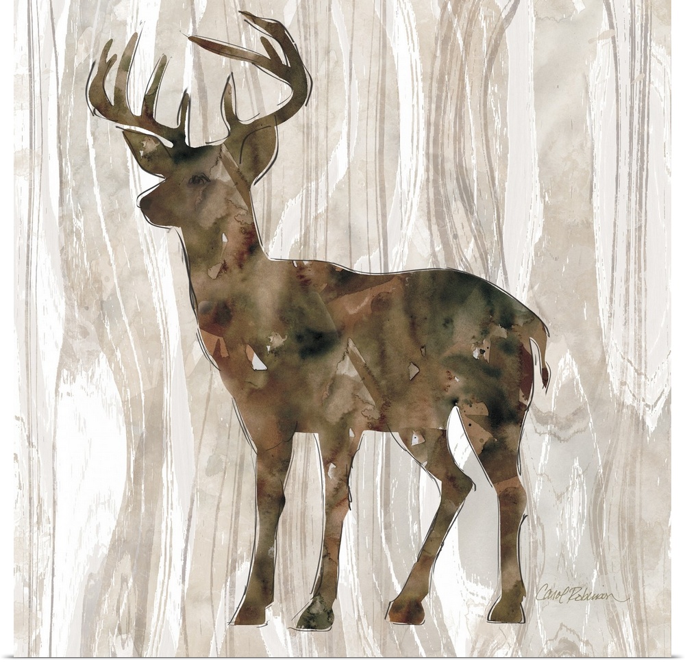 A watercolor painting of a deer on a wood patterned background.