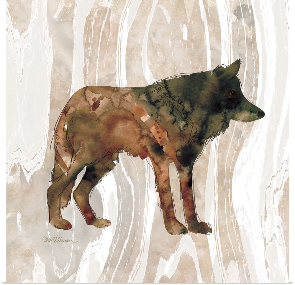 Watercolor silhouette of a wolf on a wood-grain pattern.