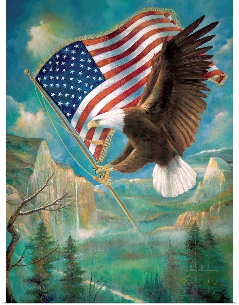 Illustration of a Bald Eagle in flight over a mountain valley, holding an American Flag.
