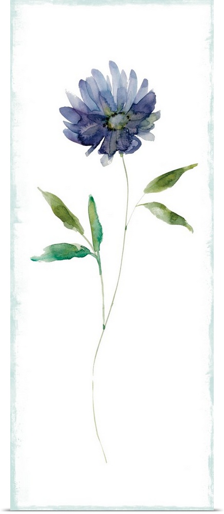 Tall watercolor painting of a single purple flower with a long green stem.