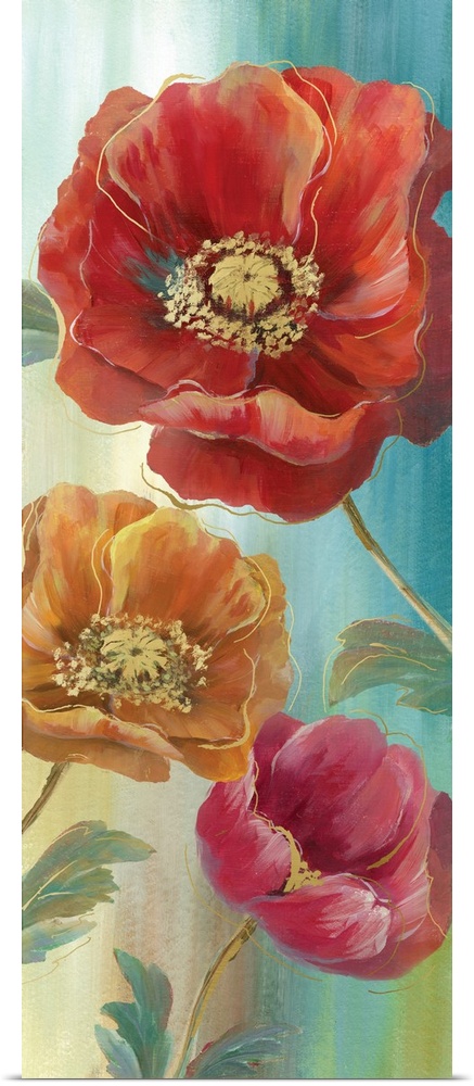 Large panel painting of poppy flowers in orange, red, pink, and purple with metallic gold outlines, on a blue and gold bac...