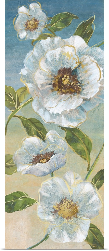 Tall panel painting of white poppies with metallic gold highlights on a blue and tan background.