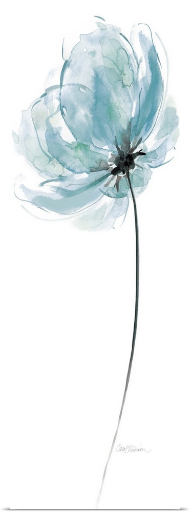 A watercolor painting of a single blue flower with hints of green and a black center and stem.